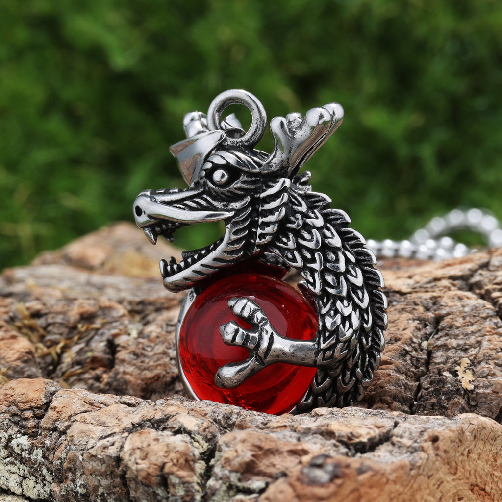 Personalized Retro Coiled Dragon Holding A Pearl Titanium Steel Pendant