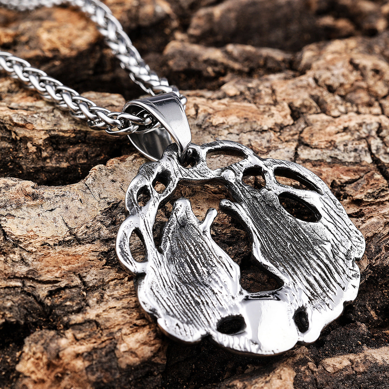 Double Wolf Head Pendant In Titanium Steel Retro And Fashionable