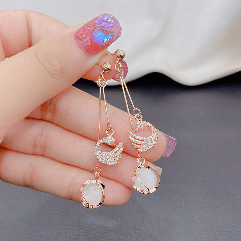 Warm Cat Eye Stone Swan Elegant Super Fairy Earrings