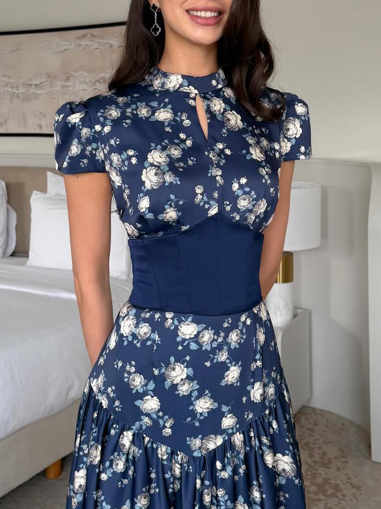 Navy Floral Print Panel Mandarin Collar Short Sleeve Ball Gown Maxi Dress