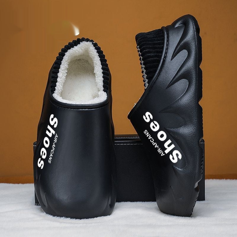 Mens Fleece-Lined Non-Slip Closed-Toe EVA Waterproof Cotton Slippers