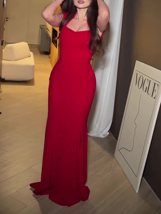 True Red Stretch Knit Square Neck Slim Fit Mermaid Maxi Dress