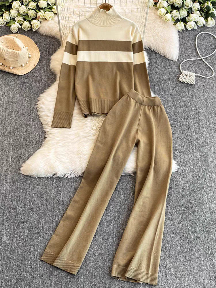 Casual Knitted Long Sleeve Wide Leg Pants Set