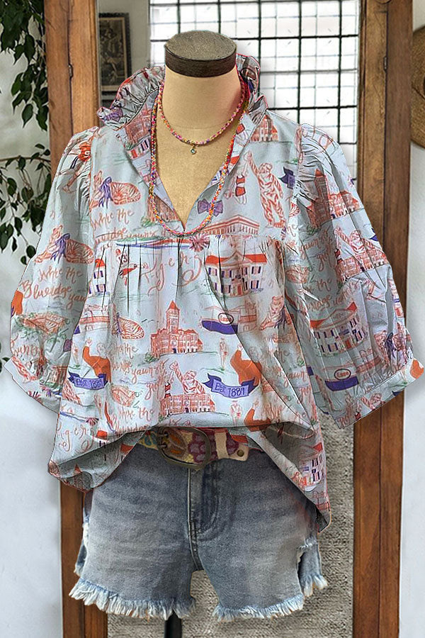 Loose-fitting Womens V-neck Top With Puffed Sleeves