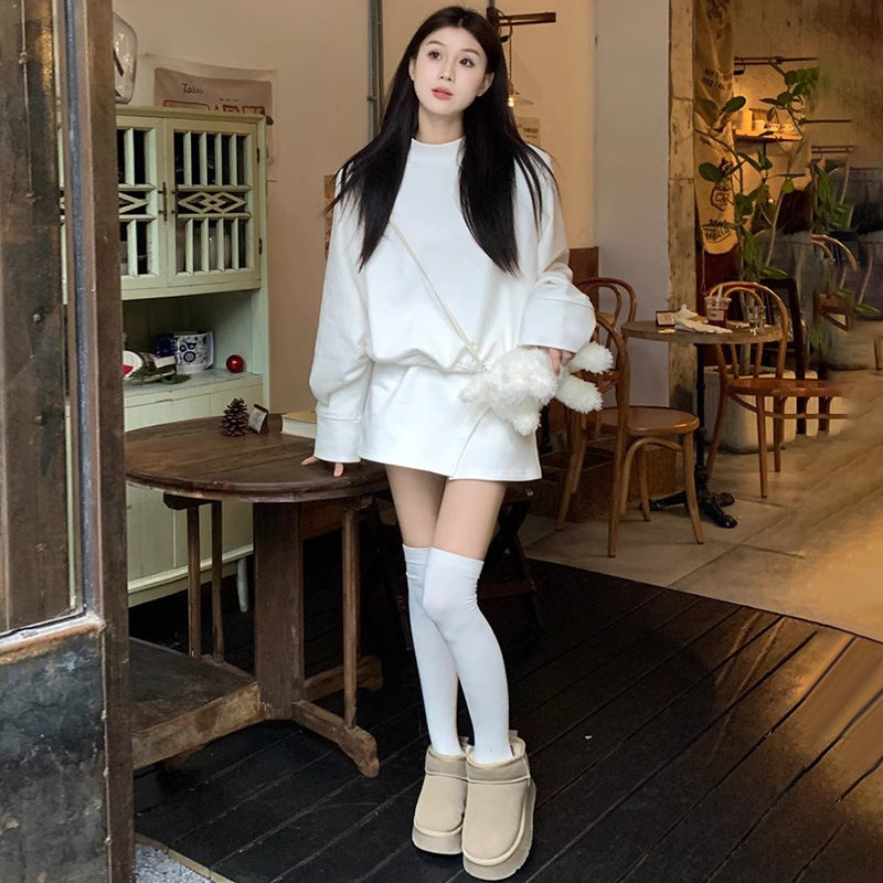 Harajuku Style Fleece Lined Sweater And Skirt Set For Women