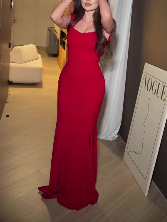 True Red Stretch Knit Square Neck Slim Fit Mermaid Maxi Dress