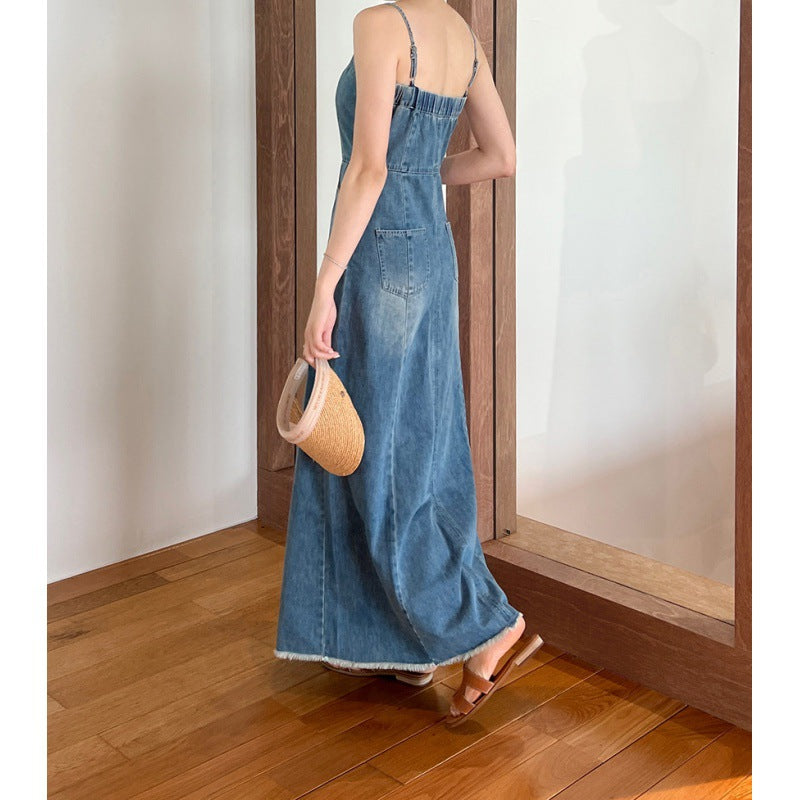Elegant Figure-flattering Denim Slip Dress With A Side Slit