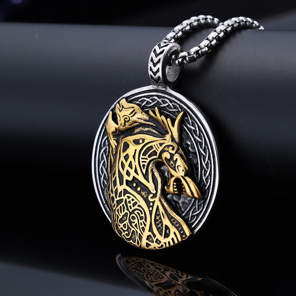 Personalized Wolf-Head Totem Titanium Steel Black-and-Gold Contrast Pendant