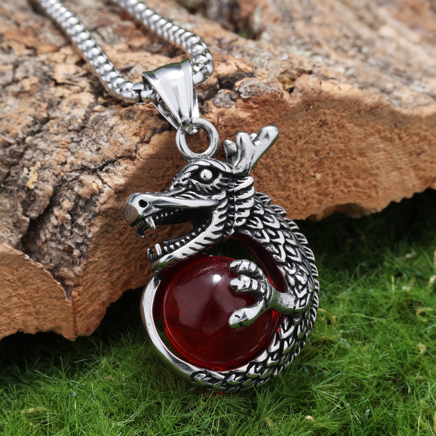 Personalized Retro Coiled Dragon Holding A Pearl Titanium Steel Pendant