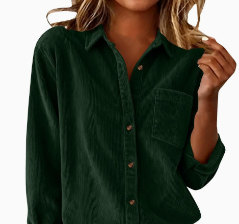 Corduroy Casual Loose Thick Shirt With Striped Turn-Down Collar And Long Sleeves