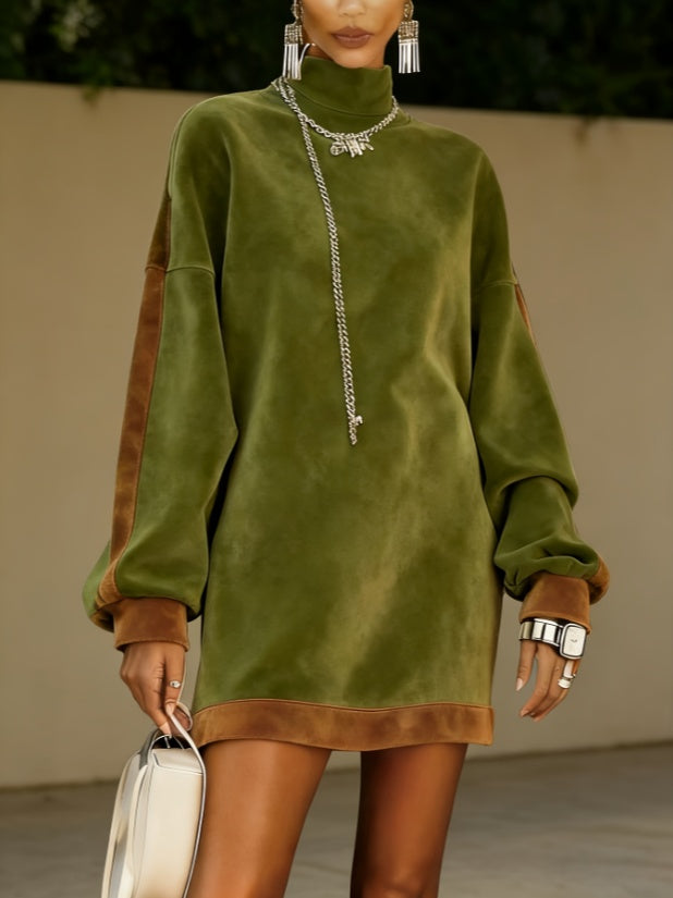 High-neck Contrast Color Velvet Patchwork Sweatshirt Dress