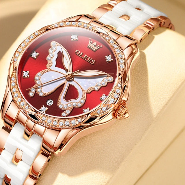 Luminous Water-resistant Ceramic-band Quartz Watch For Women