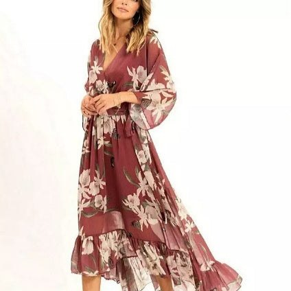 Womens Sophisticated Celebrity-Style Printed Deep-V Chiffon Dress