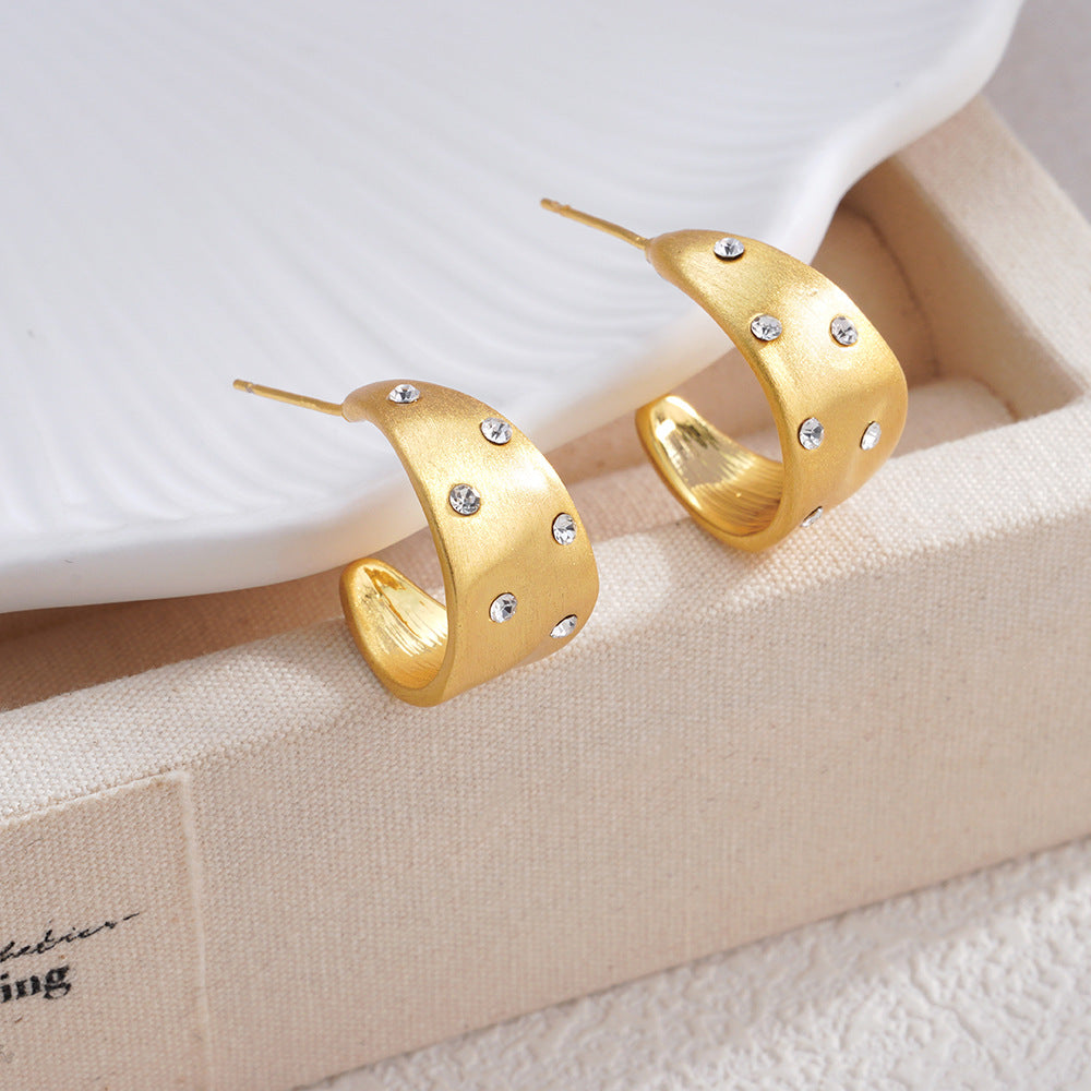 Circular Metal Curved Surface Diamond-studded Earrings