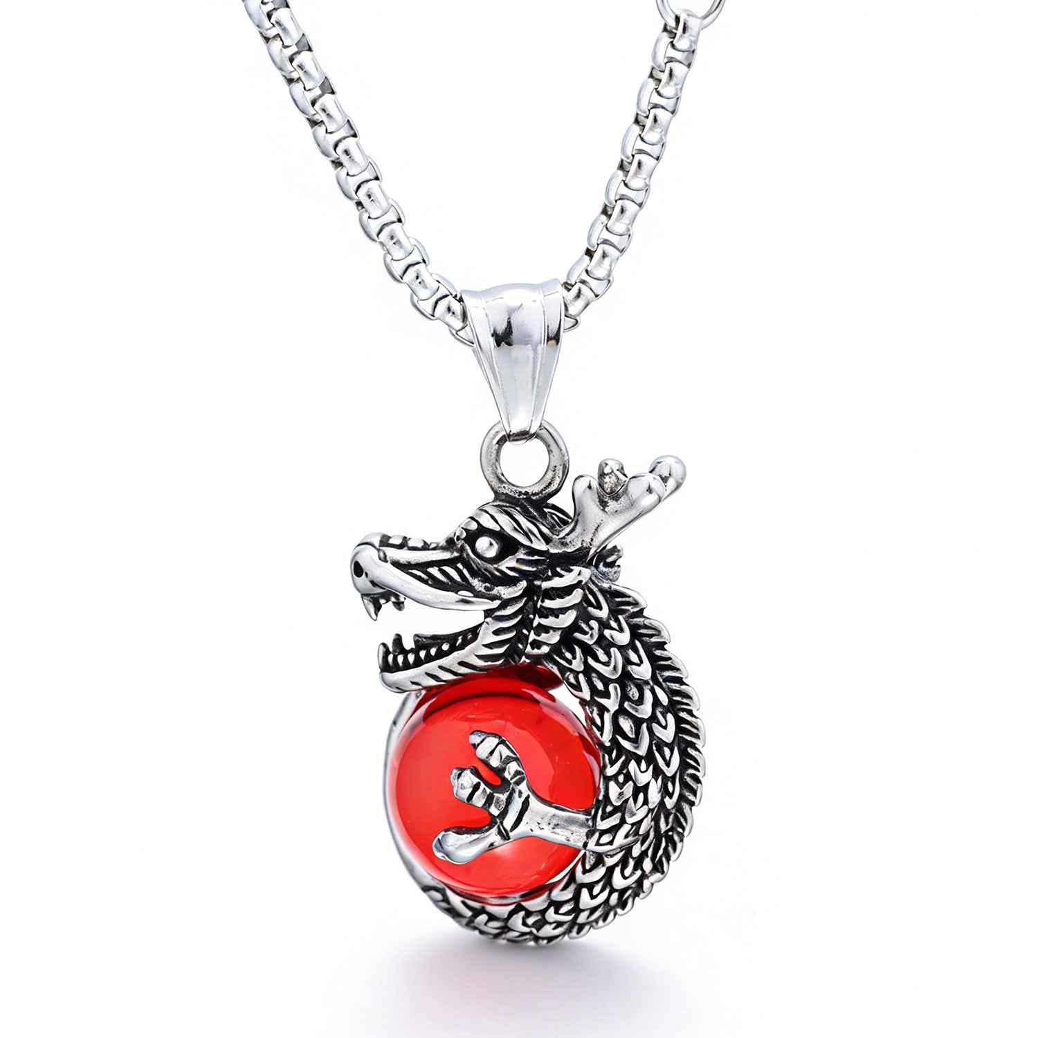 Personalized Retro Coiled Dragon Holding A Pearl Titanium Steel Pendant