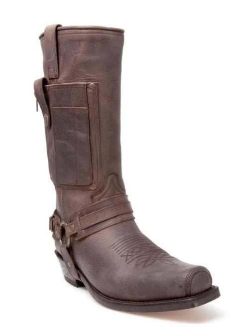 Embroidered Knight High-Heel Leather Mens Boots