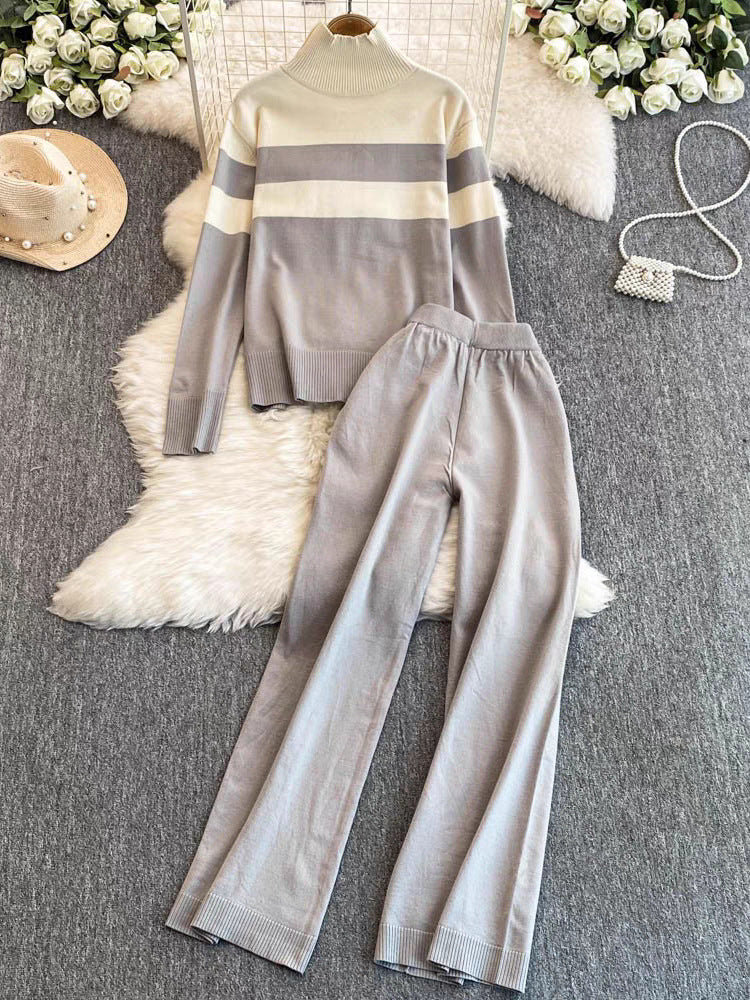 Casual Knitted Long Sleeve Wide Leg Pants Set