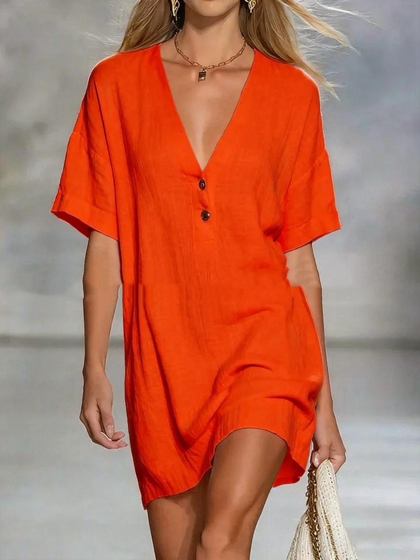 Short-Sleeve V-Neck Cotton-Linen Loose Dress