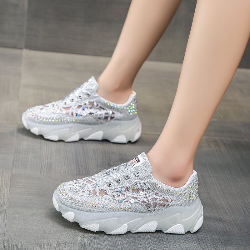 Womens Breathable Mesh Rhinestone Chunky-soled Trendy Dad Shoes