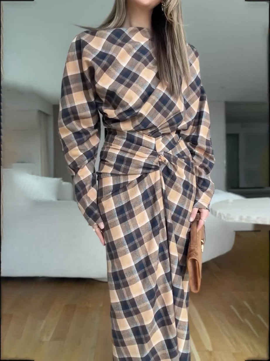Brown-Black Plaid Twist Front Ruched Waist Long Sleeve Maxi Dress