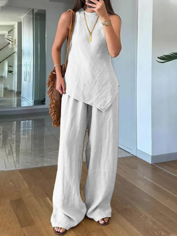 Casual Crew-Neck Pullover Sleeveless Pants With Pockets Cozy Two-Piece Set