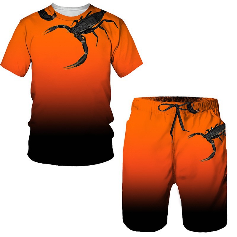 3D digital printed men's casual short sleeved shorts set