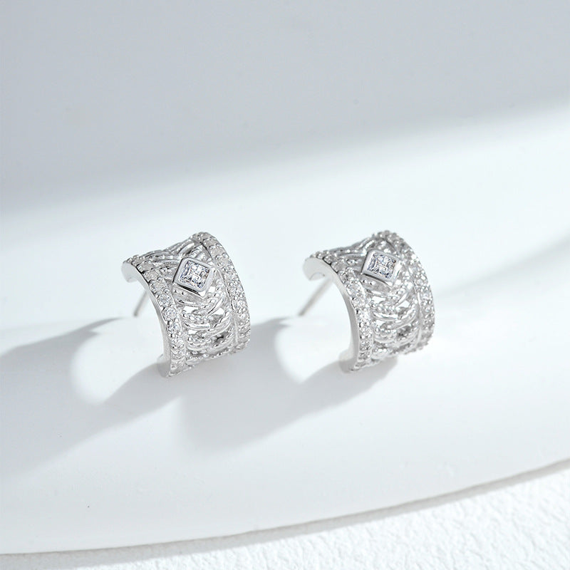 Brocade-Weave Filigree Stud Earrings S925 Sterling Silver Light Luxury High-End Diamond-Inlaid Sand Gold