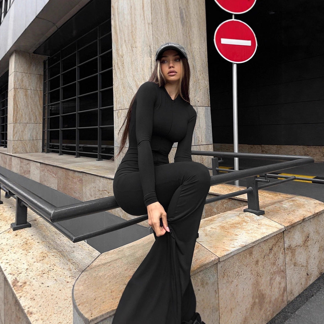 Long-sleeve Minimalist Solid-color Deep-V Jumpsuit