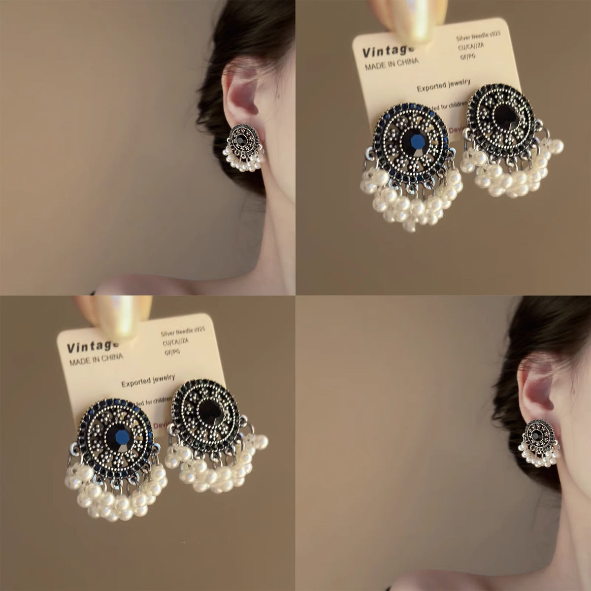 Silver Needle Retro Geometric Tassel Pearl Earrings