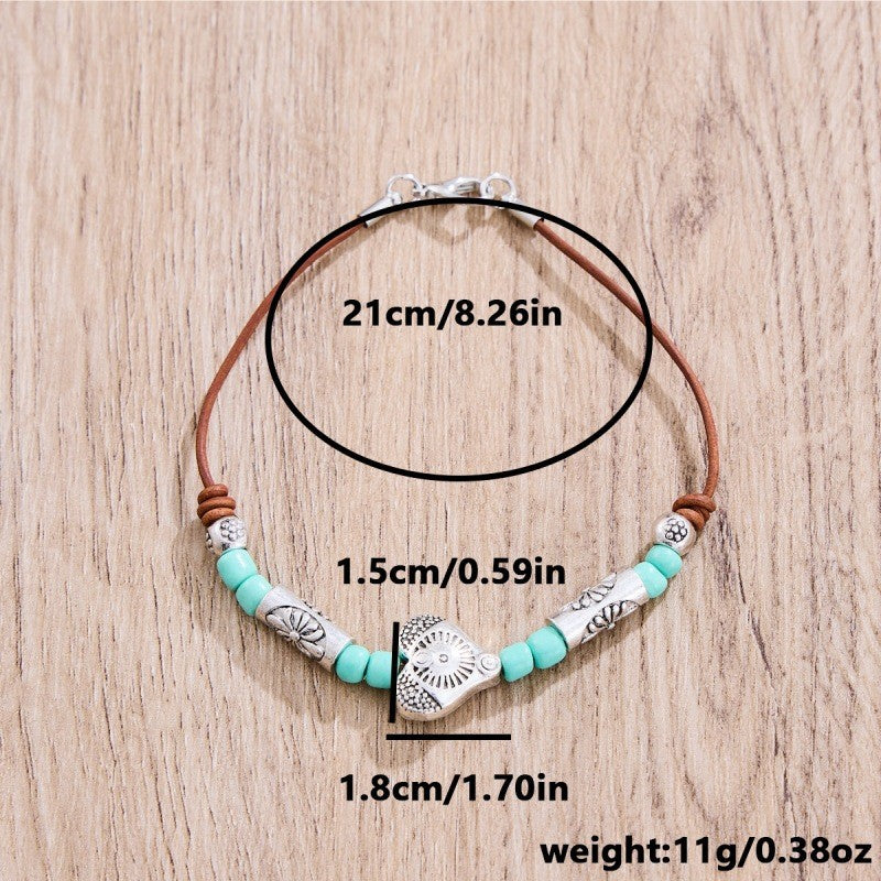 Ethnic-style Turquoise Bead Bracelet With A Loving Heart Design