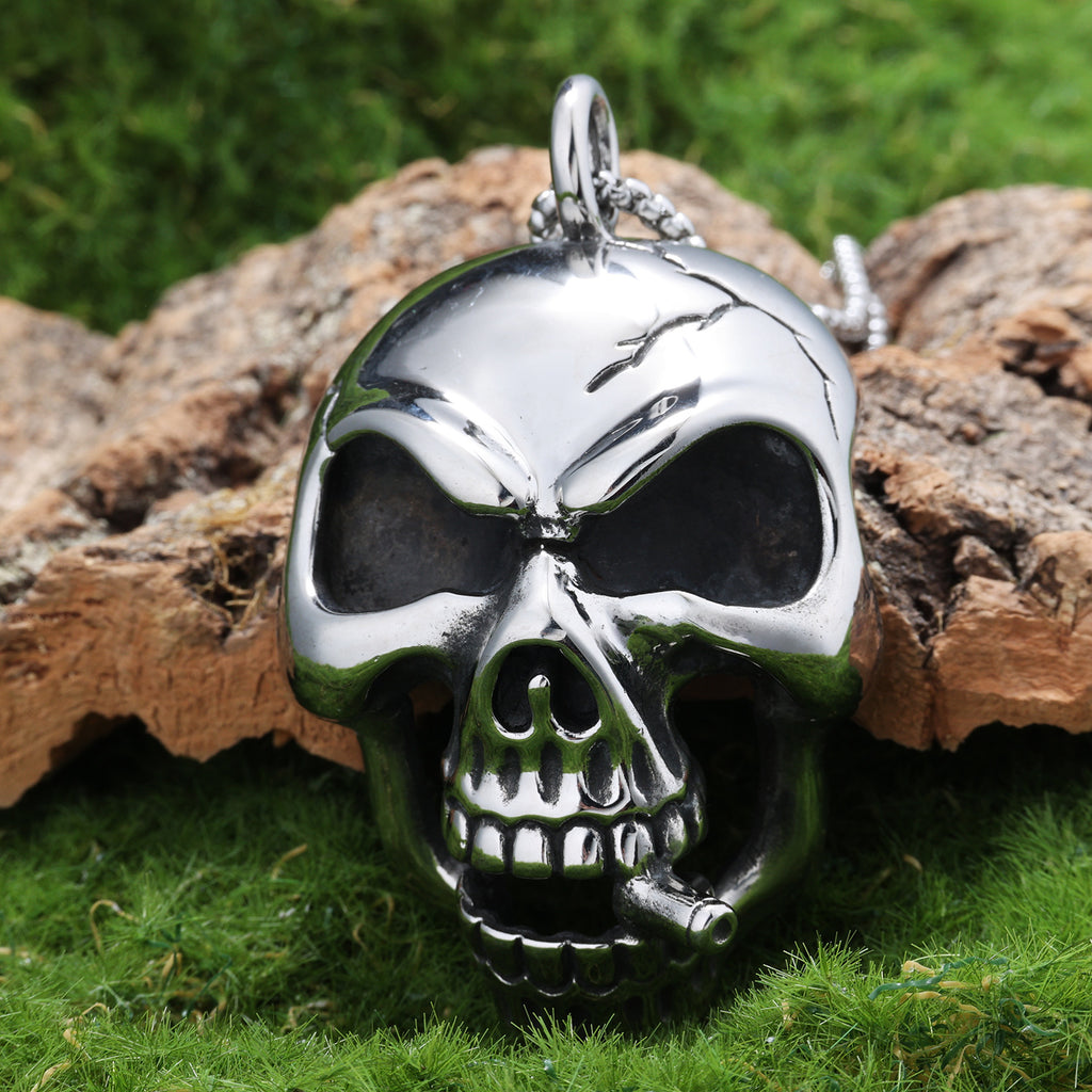 Retro Edgy Skull Pendant With A Cigarette Made From Titanium Steel