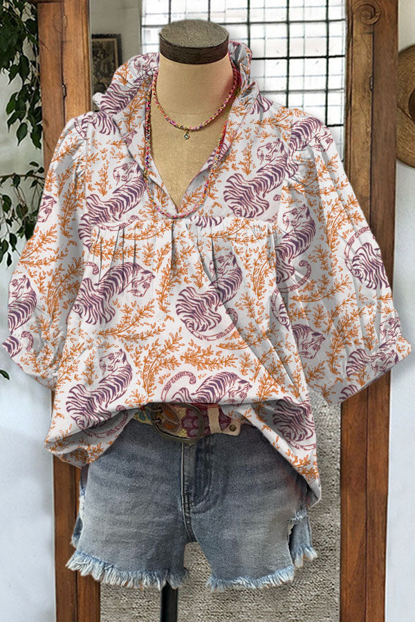 Loose-fitting Womens V-neck Top With Puffed Sleeves