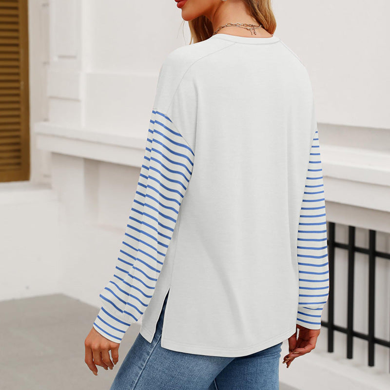 Pullover Crewneck Striped Casual Contrast-color Long-sleeve Top