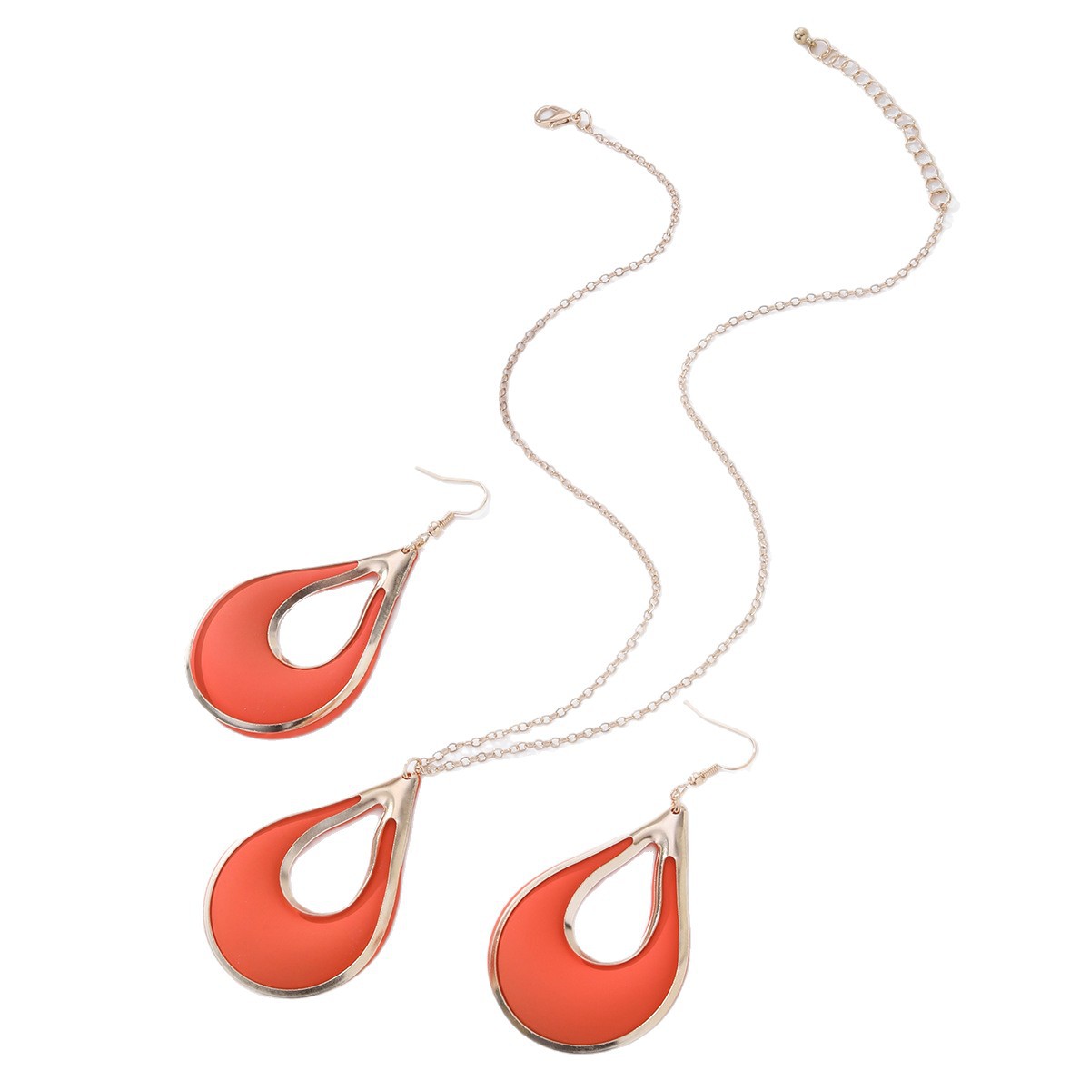 Water Drop Hollow Metal Pendant Necklace And Earrings 2-Piece Set For Women