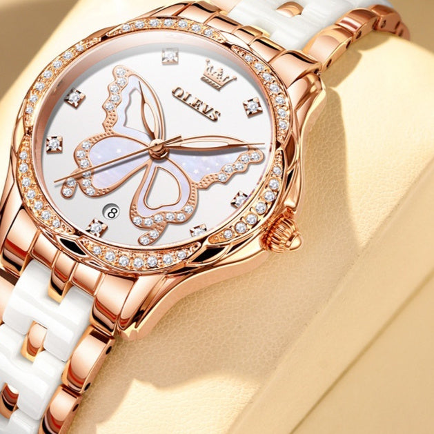 Luminous Water-resistant Ceramic-band Quartz Watch For Women