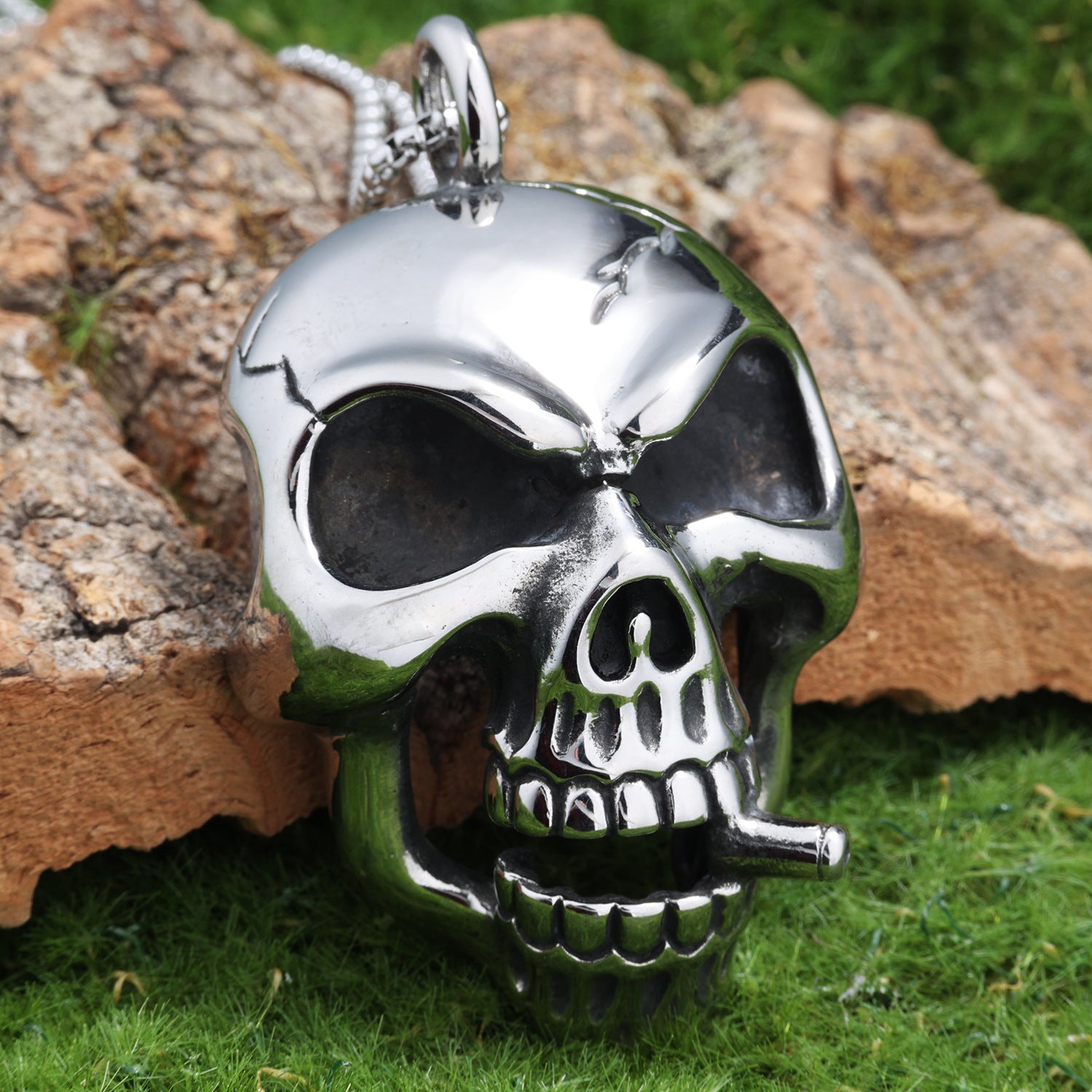 Retro Edgy Skull Pendant With A Cigarette Made From Titanium Steel