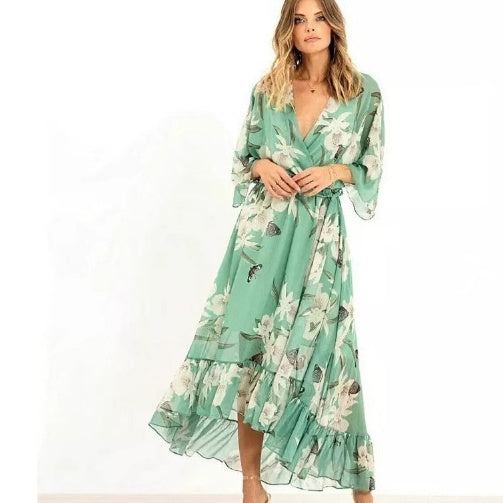 Womens Sophisticated Celebrity-Style Printed Deep-V Chiffon Dress