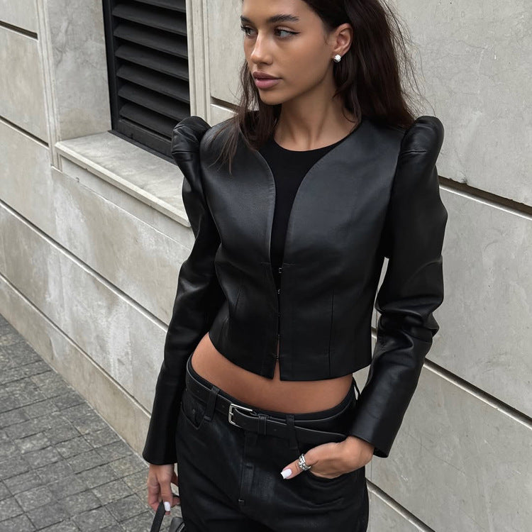 Stylish Black V-Neck Patchwork PU Leather Shirt