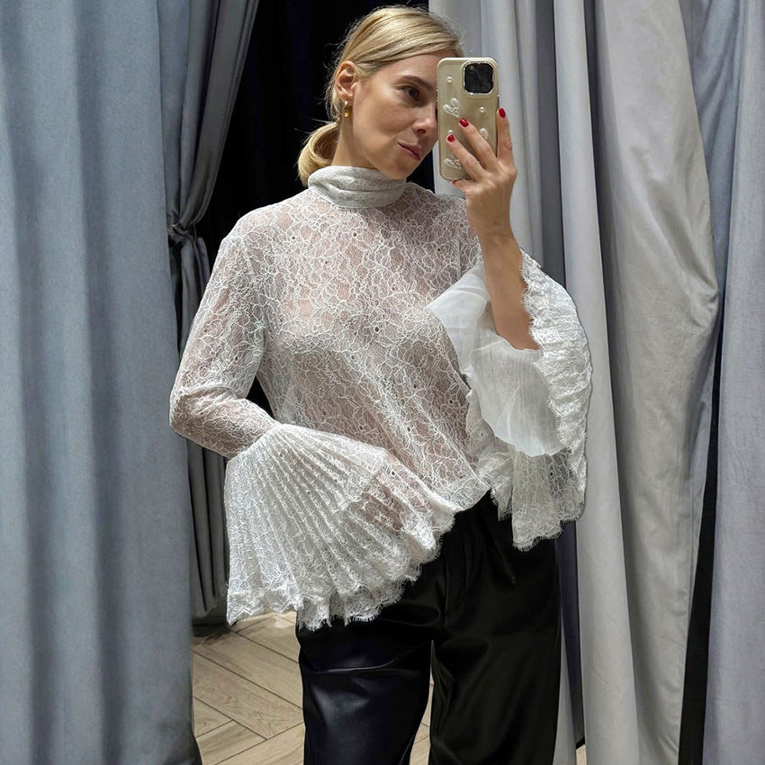 Sexy Lace Ruffle-sleeve Flowy-neckline Blouse
