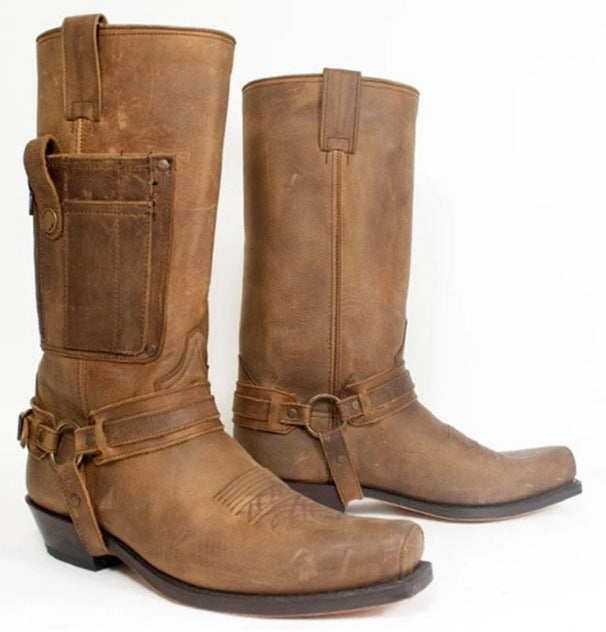 Embroidered Knight High-Heel Leather Mens Boots