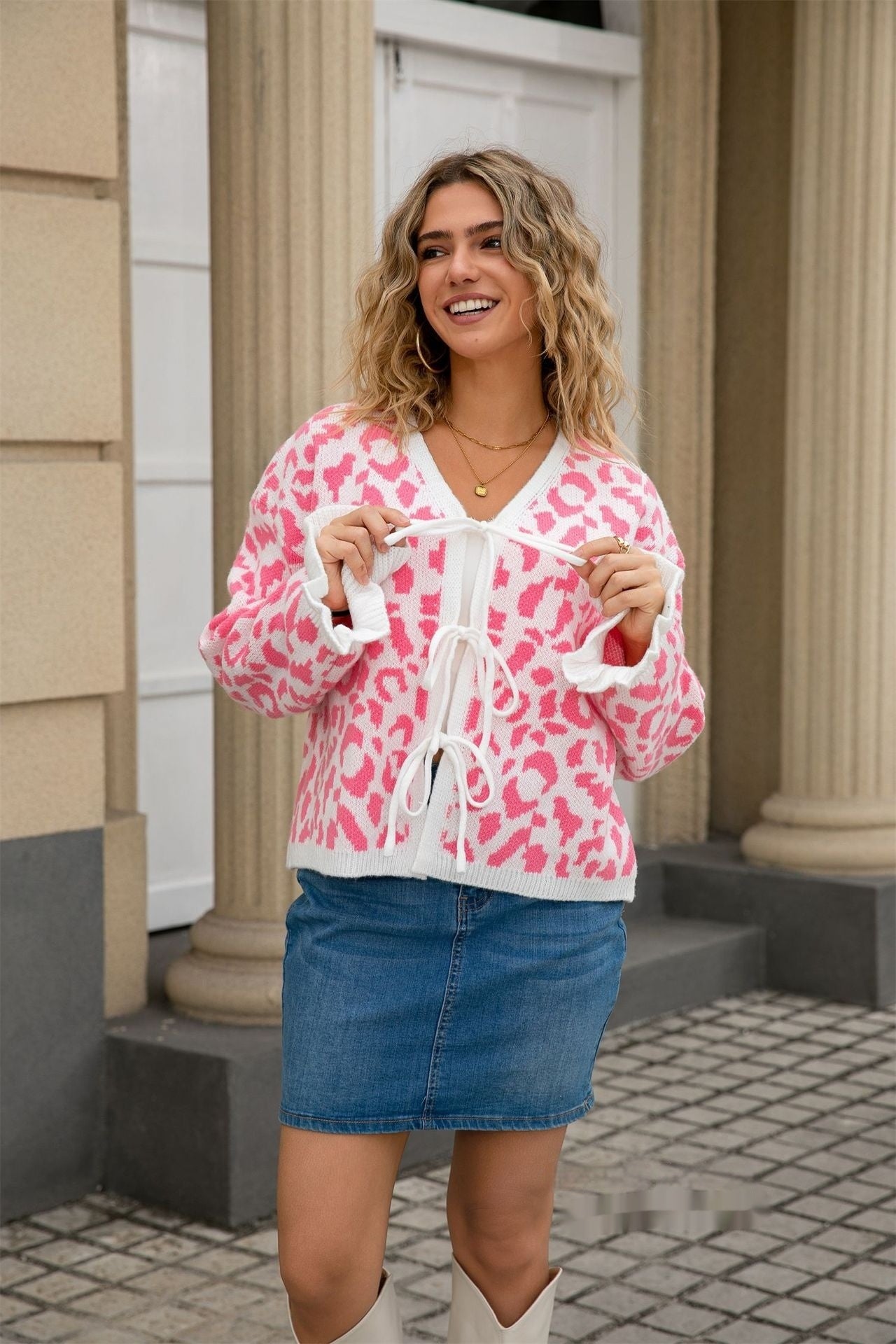 New Womens Leopard-print Jacquard Tie-front Cropped Sweater Jacket