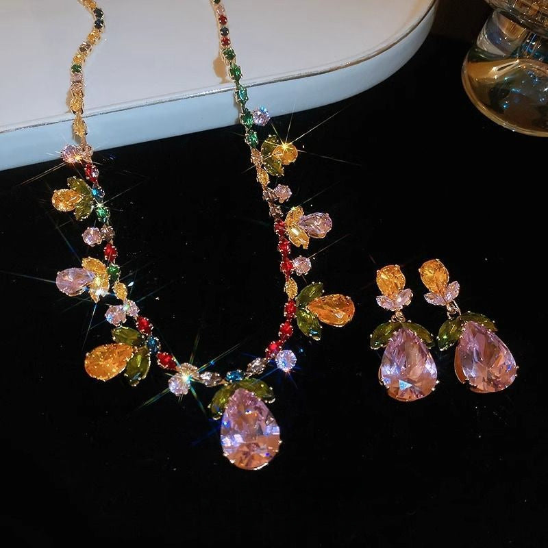 Colorful Sparkling Diamond Flower Leaf Water Drop Pendant Necklace Earring Set