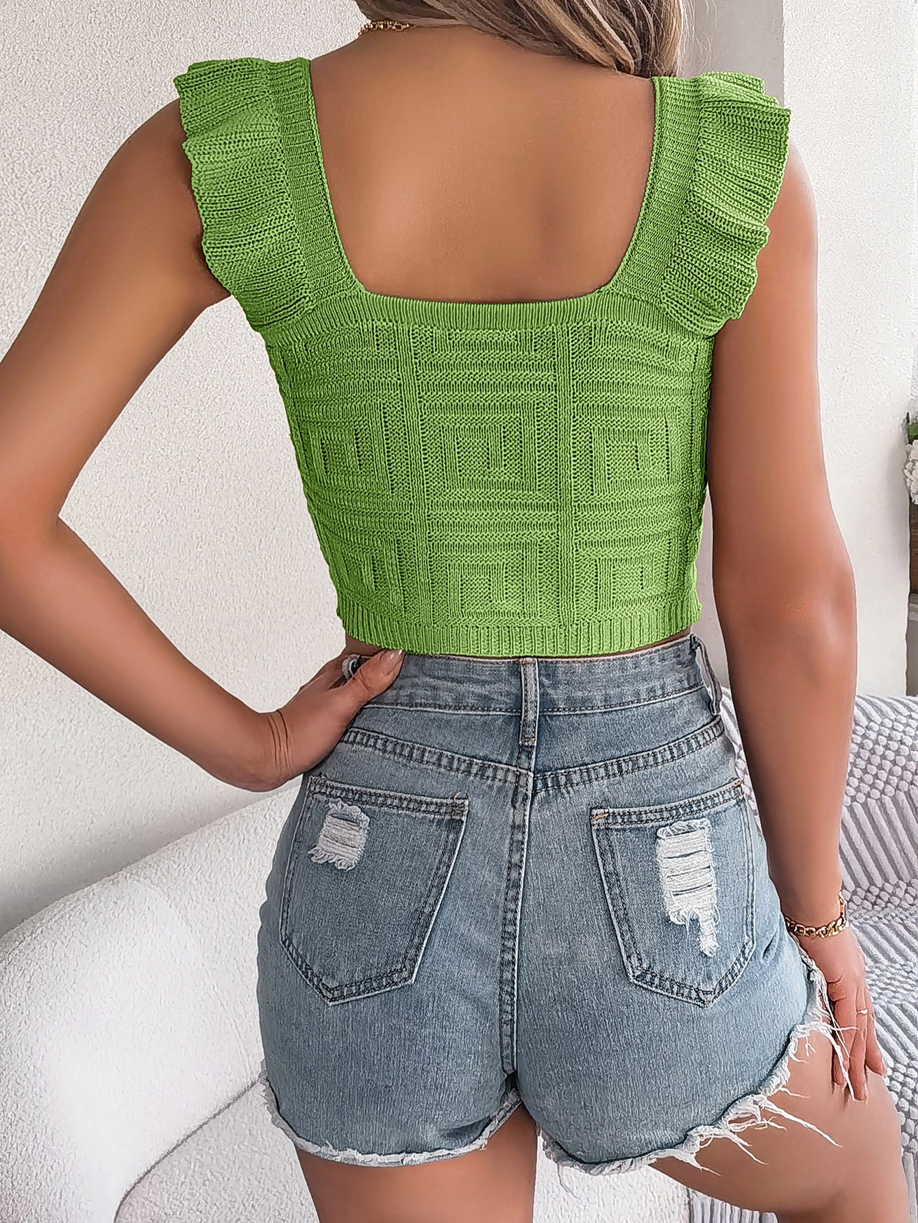 Solid Color Square Neck Ruffle Trim Sleeveless Knit Crop Top