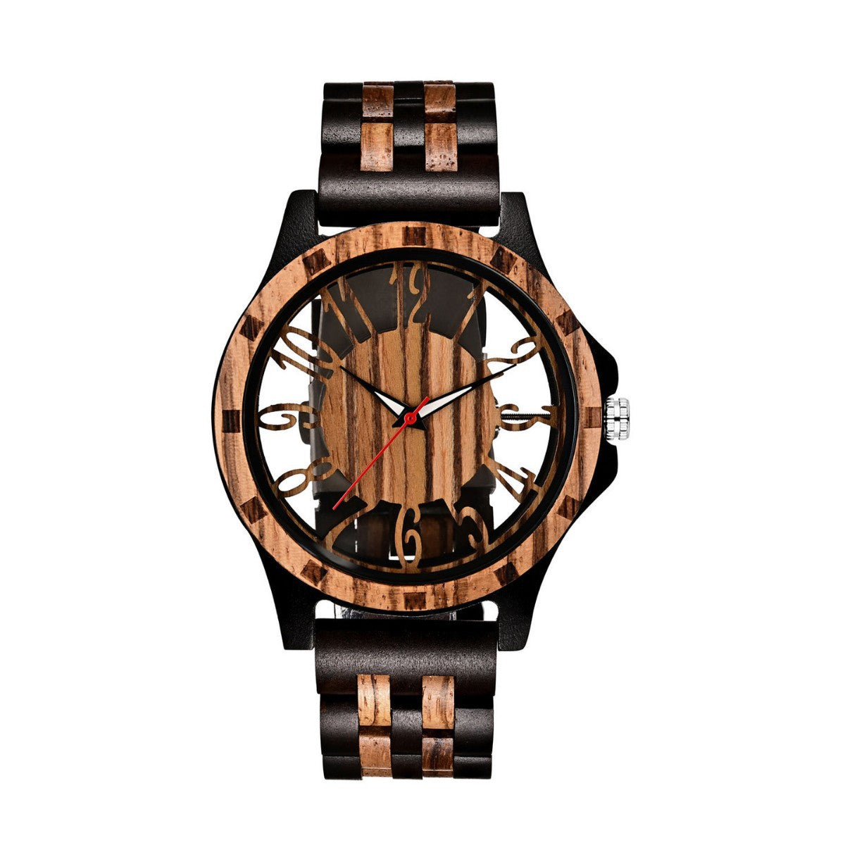 Engraved Walnut Wood Leather-Strap Quartz Watch