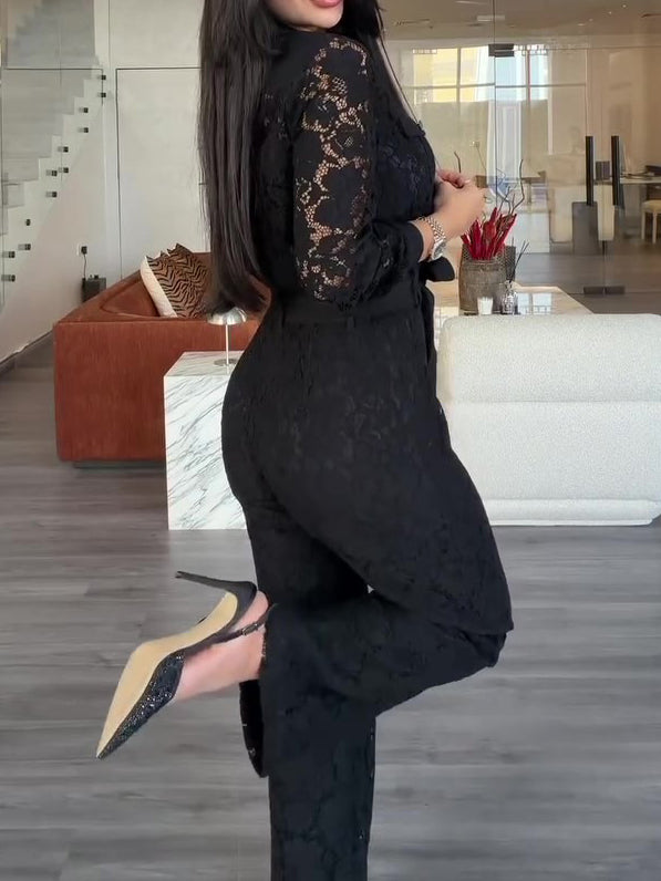 Black Lace Collared Long Sleeve Tie-Waist Wide-Leg Jumpsuit