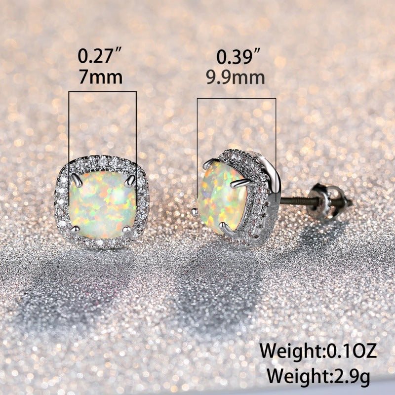 Platinum White Australian Opal Four-Prong Square Spiral Earrings