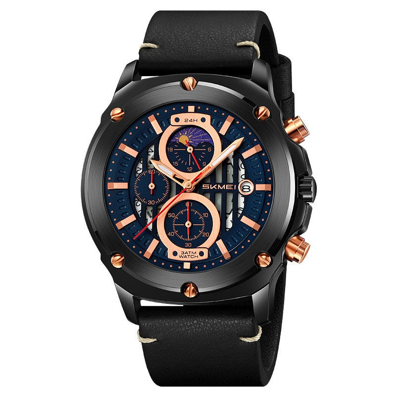 Men's Watch Fashion Trend Men's Leather-belt Watch Three Eyes And Six Needles Quartz Watch