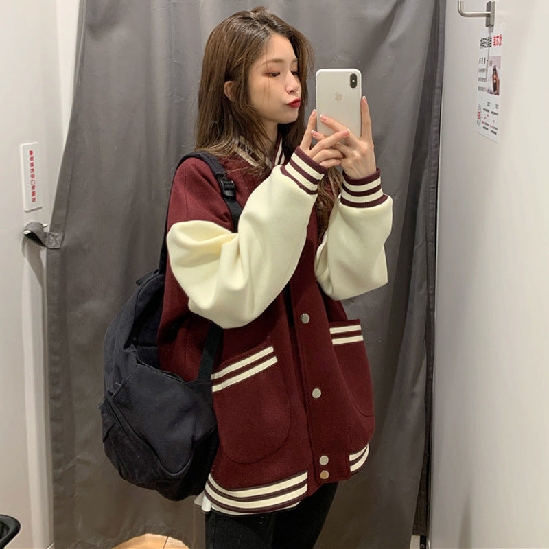 Womens Fashionable Preppy-Style Casual Crew-Neck Jacket