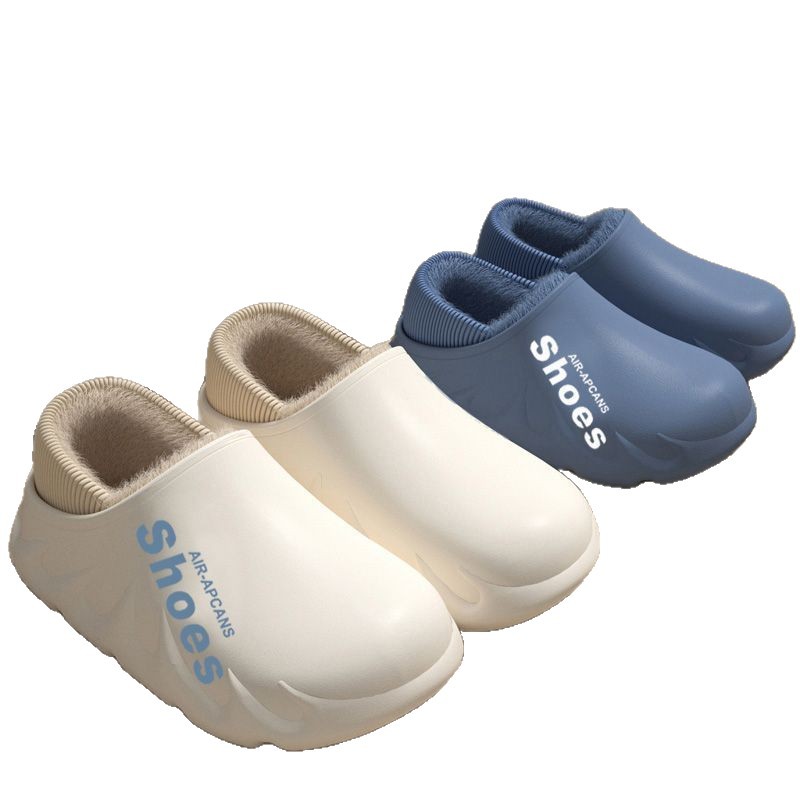 Mens Fleece-Lined Non-Slip Closed-Toe EVA Waterproof Cotton Slippers