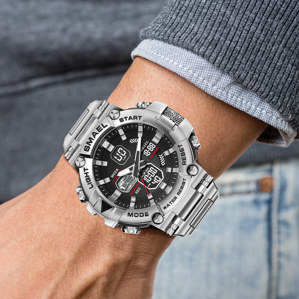 Men's Luminous Timing Stainless Steel Alloy Double Display Electronic Watch